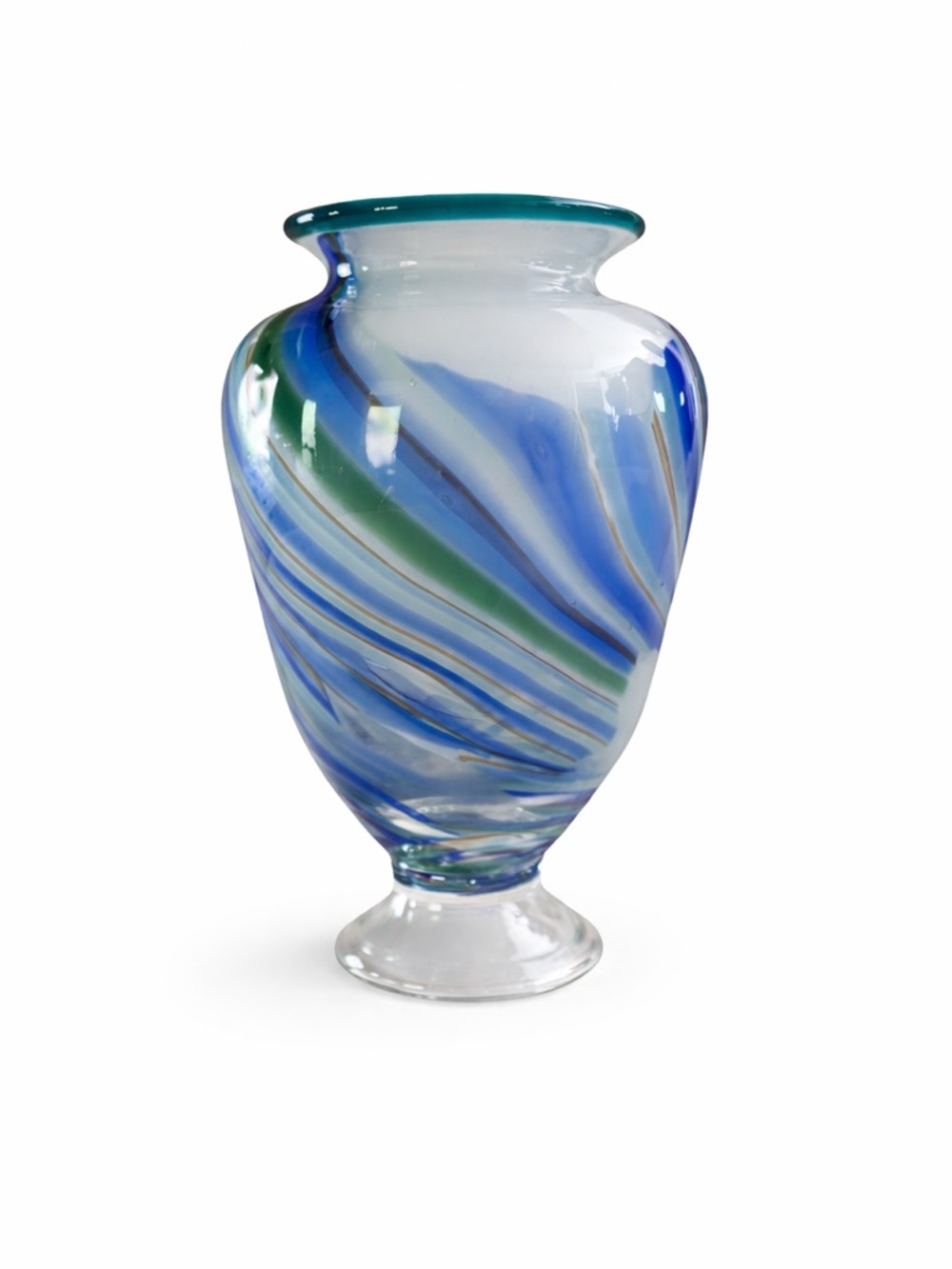 Hand Blown Art Glass Bud Vase Blue Swirl Murano Style 6.5”